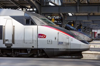French TGV high speed train HGV trains at Paris Est Station in Paris