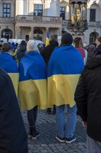 Demonstrators draped in Ukrainian flag