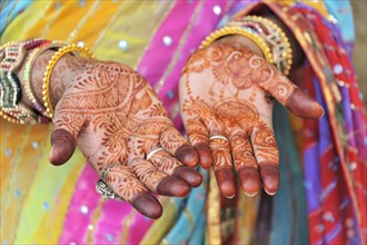 Festive henna painting of the hands of an Indian woman