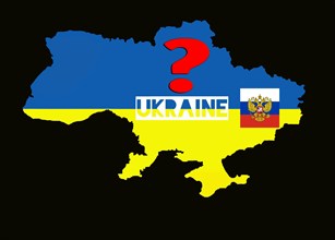 Illustration of the border of Ukraine with a Russian coat of arms and a question mark