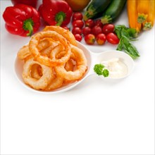 Golden deep fried onion rings served with mayonnaise dip and fresh vegetables oln background