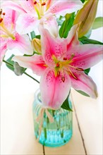 Pink lily flower bunch bouquet over white copyspace