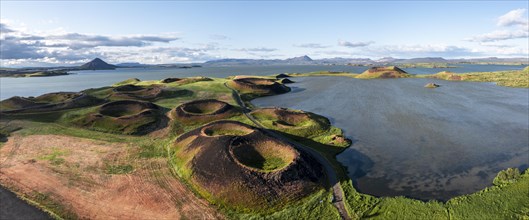 Aerial view of green volcanic crater