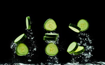 Sliced bio cucumber splashing water isolated on black background