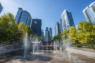Fountain in Spray Park and SKyline with skyscrapers