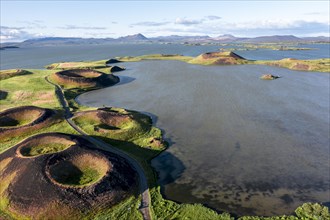 Aerial view of green volcanic crater