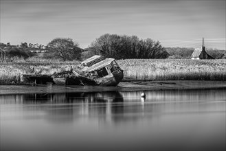 Old Boat Wrecks in Black and White on the River Exe in Topsham