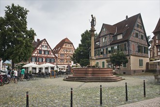 Half-timbered houses on the market square and statue of the Virgin Mary