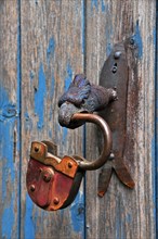 Iron eagle head on wooden wall holds padlock in beak