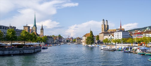 View from the Quai Bridge over the Limmat to the towers of Zurich's Old Town
