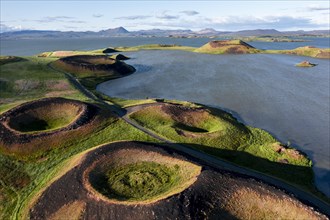 Aerial view of green volcanic crater