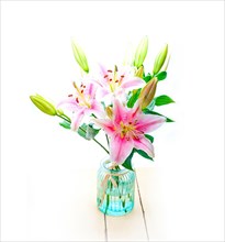 Pink lily flower bunch bouquet over white copyspace