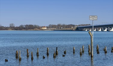 The Baltic Sea at the Ruegen Dam with the Ruegen Bridge