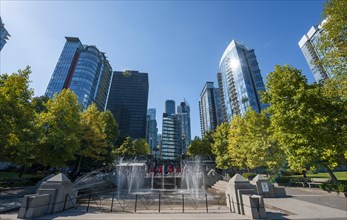 Fountain in Spray Park and SKyline with skyscrapers
