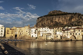 View of the town of Cefalu with Rocca di Cefalu