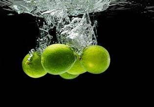 Lime Citrus Fruits splashing with bubbles into water isolated against black background