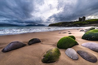Sandy beach beach with moss-covered stones and Minard Castle in the background