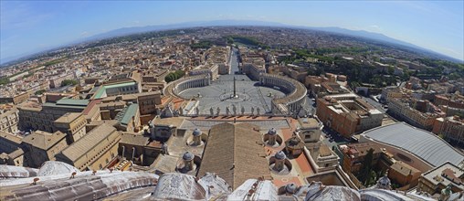 View from the dome of the Basilica of San Pietro or St Peter's Basilica onto St Peter's Square and Via della Conciliazione