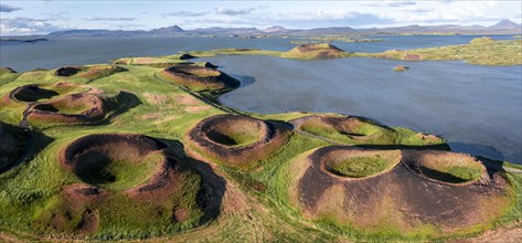 Aerial view of green volcanic crater