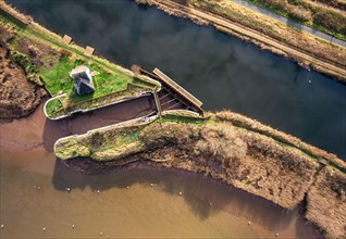 Top Down view over Water Lock and Topsham Ferry on the River Exe in Topsham