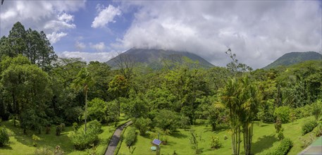 View of the cloud-covered volcano
