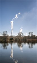 The chimneys of the Vattenfall combined heat and power plant on the Havel in Spandau