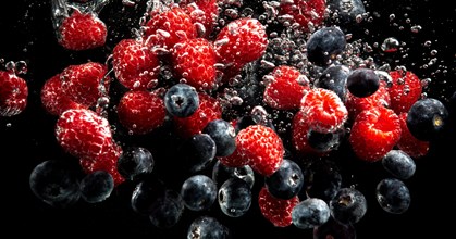 Blueberries and raspberries splashing into water with air bubbles and sinking on black background