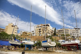 Sailboats in a small shipyard in Agios Nikolaos