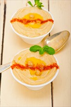 Traditional chickpeas Hummus with mint olive oil and paprika on top