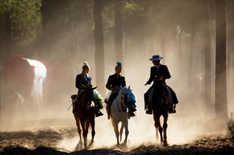 Horse riders passing through the forest on their way to the village of El Rocio during the annual Romeria in Huelva