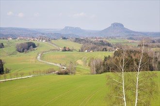 View from the Adamsberg to Table Mountains Koenigstein and Lilienstein