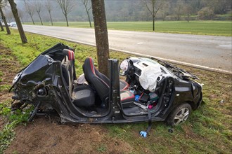 Destroyed car after deadly collision with a tree