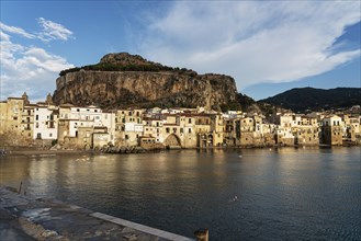 View of the town of Cefalu with Rocca di Cefalu