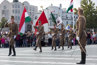 Military performance under Hungarian flags in Heroes Square. Budapest