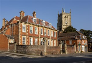 Tower of church of St Mary and Brownston House or Brownstone House c1700