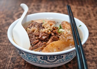 A bowl of beef noodle soup in a Cantonese restaurant in Macau