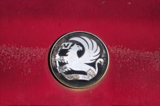 Vauxhall car logo on red paint