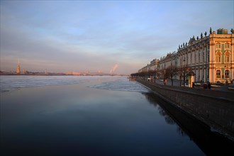The Hermitage Museum overlooking the partly frozen Neva river with Vassilevski island visible in the background