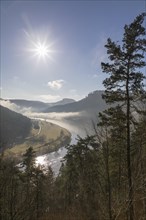 View from the Biedermann Mausoleum into the Elbe Valley with Koenigstein Fortress in the morning mist