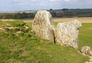 Large standing stones at the entrance to Neolithic long barrow at West Kennet