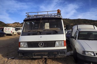 End-of-life Mercedes van at scrap yard