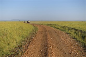 Road in savannah landscape with safari vehicle
