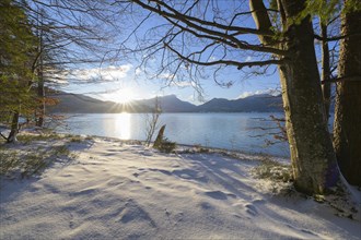 Lake Walchensee at sunset in winter