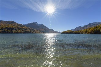 Lake Silsersee with sun in autumn
