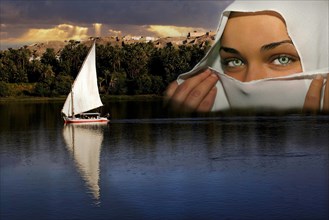 Sailboat on the Nile and a young Muslim woman with a white niqab