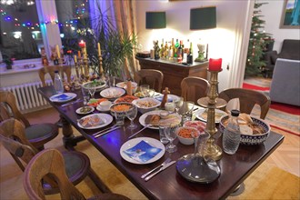 Festively set dinner table