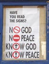 Witty religious sign about knowing God and Peace