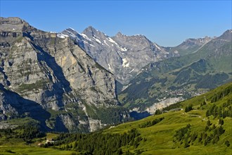 View from Kleine Scheidegg into the Lauterbrunnen Valley with the mountain village of Mürren