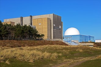 Decommissioned Sizewell A and white dome of PWR Sizewell B nuclear power stations