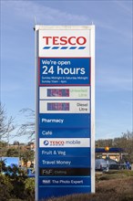 Sign for Tesco superstore with petrol and diesel prices